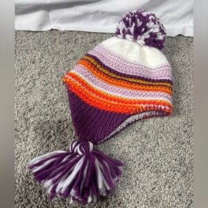 L.L. Bean Purple and White Knitted Winter Hat with Pom-Poms Size 12/24 months